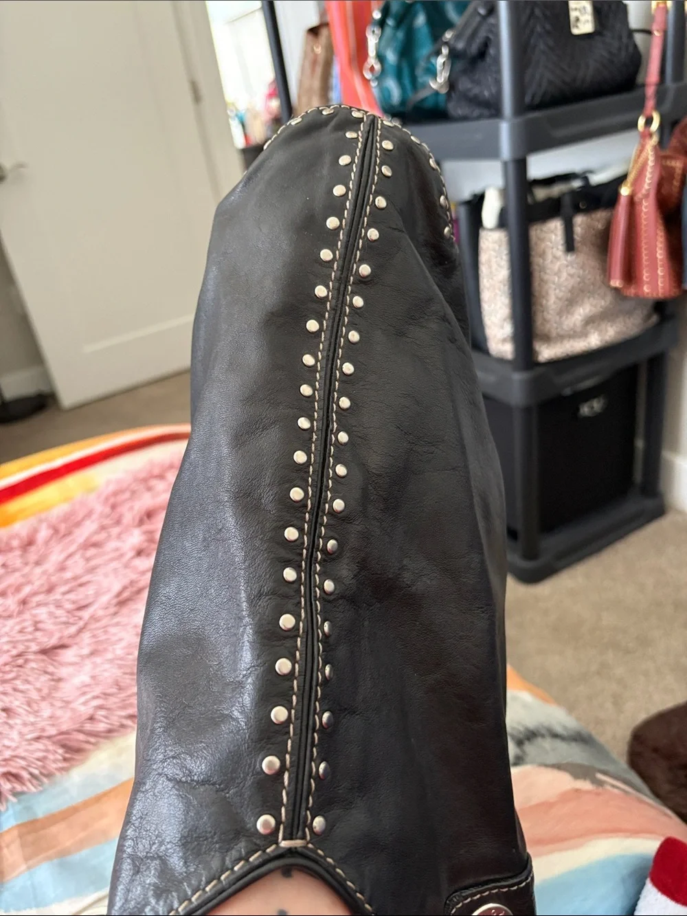 Michael Kors Black Leather Studded Drawstring Tote - Picture 9 of 13